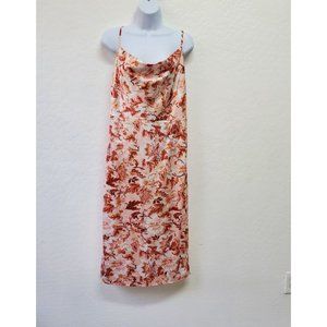 Tsher Womens M Orange Floral Print Satin Cowl Neck Spaghetti Strap Midi Dress